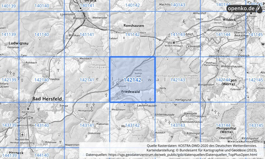 Übersichtskarte des KOSTRA-DWD-2020-Rasterfeldes Nr. 142142