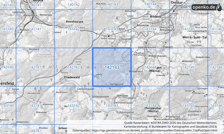 Übersichtskarte des KOSTRA-DWD-2020-Rasterfeldes Nr. 142143