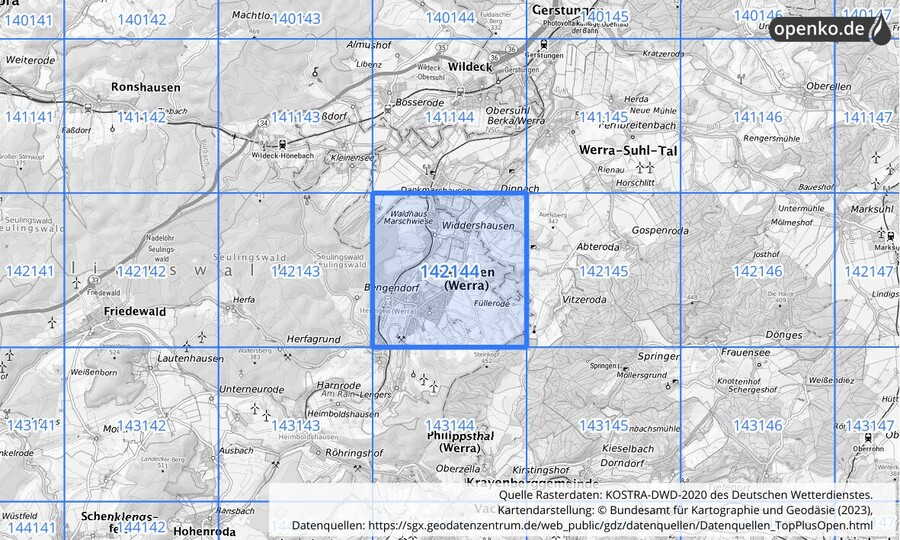 Übersichtskarte des KOSTRA-DWD-2020-Rasterfeldes Nr. 142144