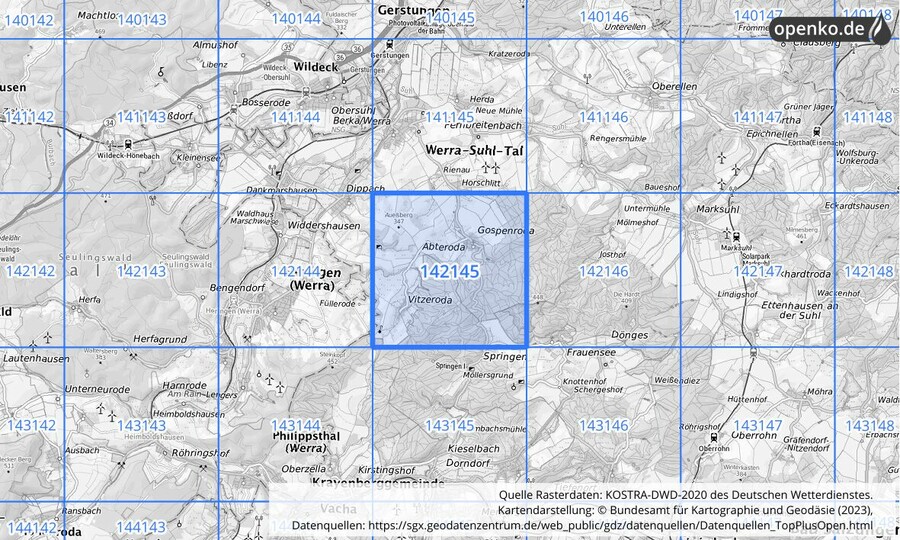Übersichtskarte des KOSTRA-DWD-2020-Rasterfeldes Nr. 142145