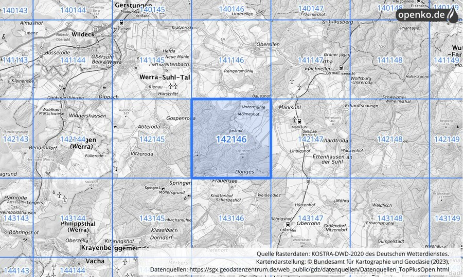 Übersichtskarte des KOSTRA-DWD-2020-Rasterfeldes Nr. 142146