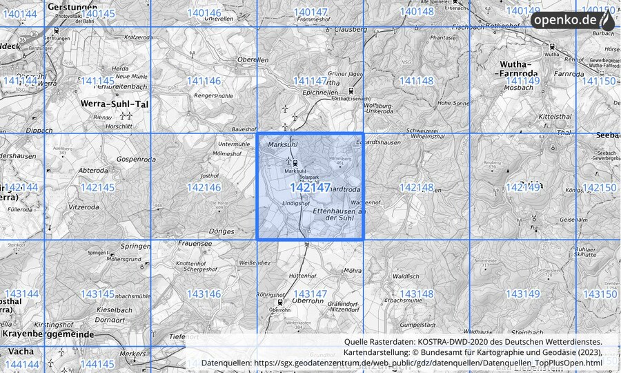 Übersichtskarte des KOSTRA-DWD-2020-Rasterfeldes Nr. 142147