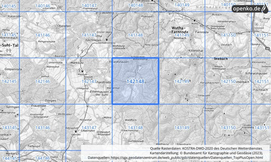 Übersichtskarte des KOSTRA-DWD-2020-Rasterfeldes Nr. 142148