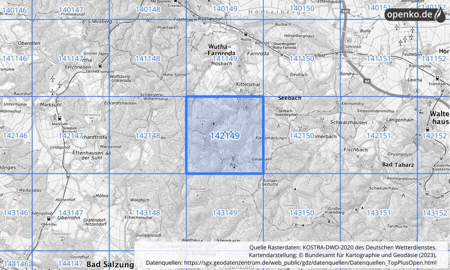 Übersichtskarte des KOSTRA-DWD-2020-Rasterfeldes Nr. 142149
