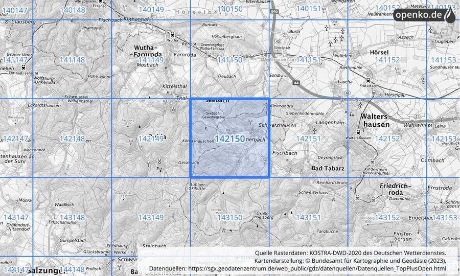 Übersichtskarte des KOSTRA-DWD-2020-Rasterfeldes Nr. 142150