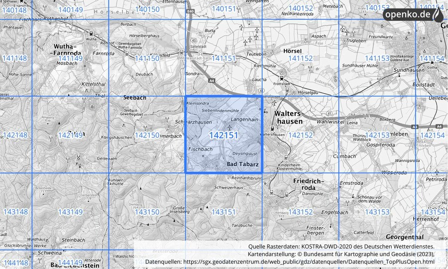 Übersichtskarte des KOSTRA-DWD-2020-Rasterfeldes Nr. 142151