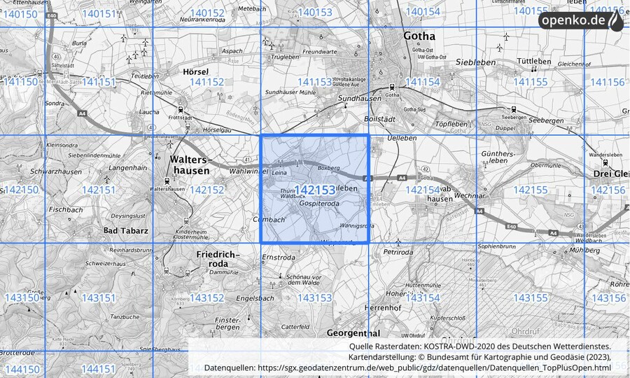 Übersichtskarte des KOSTRA-DWD-2020-Rasterfeldes Nr. 142153