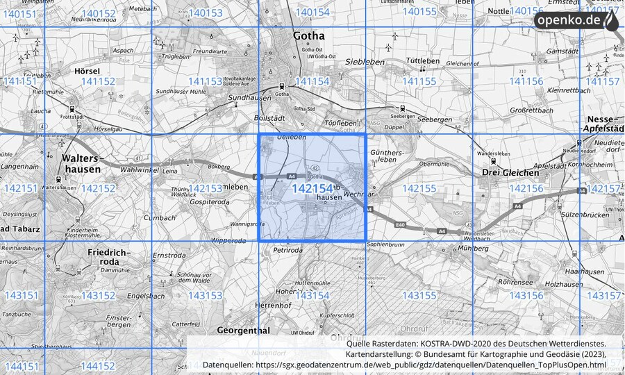 Übersichtskarte des KOSTRA-DWD-2020-Rasterfeldes Nr. 142154