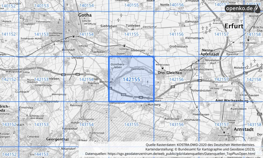 Übersichtskarte des KOSTRA-DWD-2020-Rasterfeldes Nr. 142155