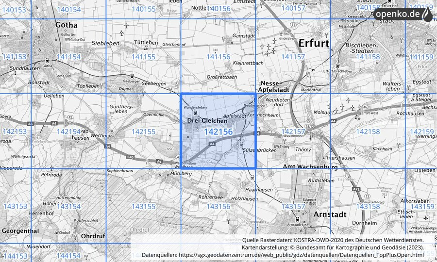 Übersichtskarte des KOSTRA-DWD-2020-Rasterfeldes Nr. 142156