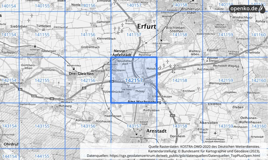 Übersichtskarte des KOSTRA-DWD-2020-Rasterfeldes Nr. 142157