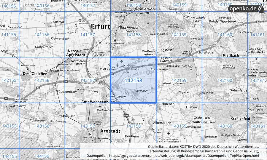 Übersichtskarte des KOSTRA-DWD-2020-Rasterfeldes Nr. 142158