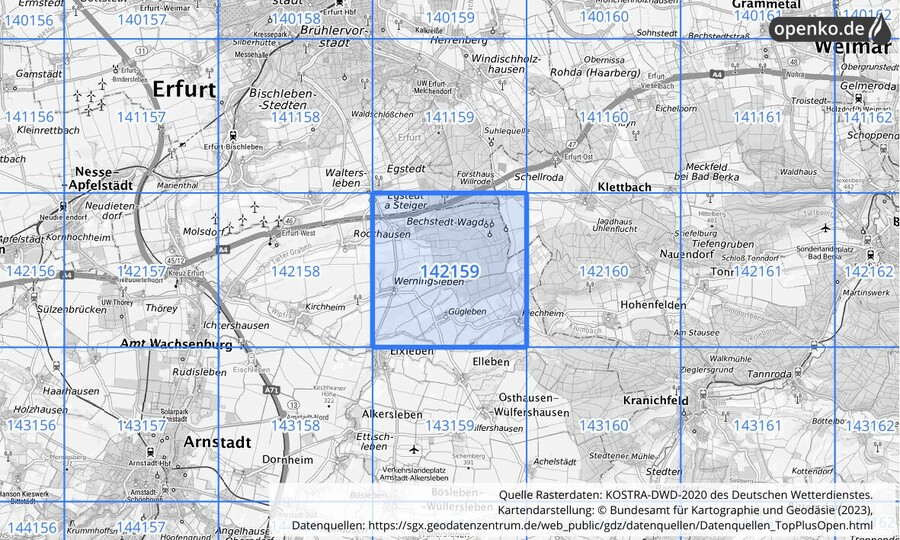 Übersichtskarte des KOSTRA-DWD-2020-Rasterfeldes Nr. 142159