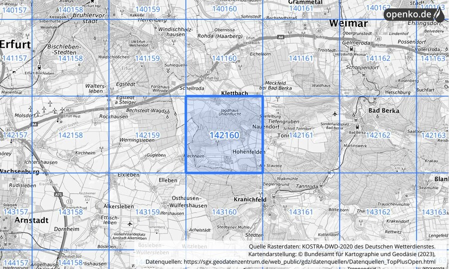 Übersichtskarte des KOSTRA-DWD-2020-Rasterfeldes Nr. 142160
