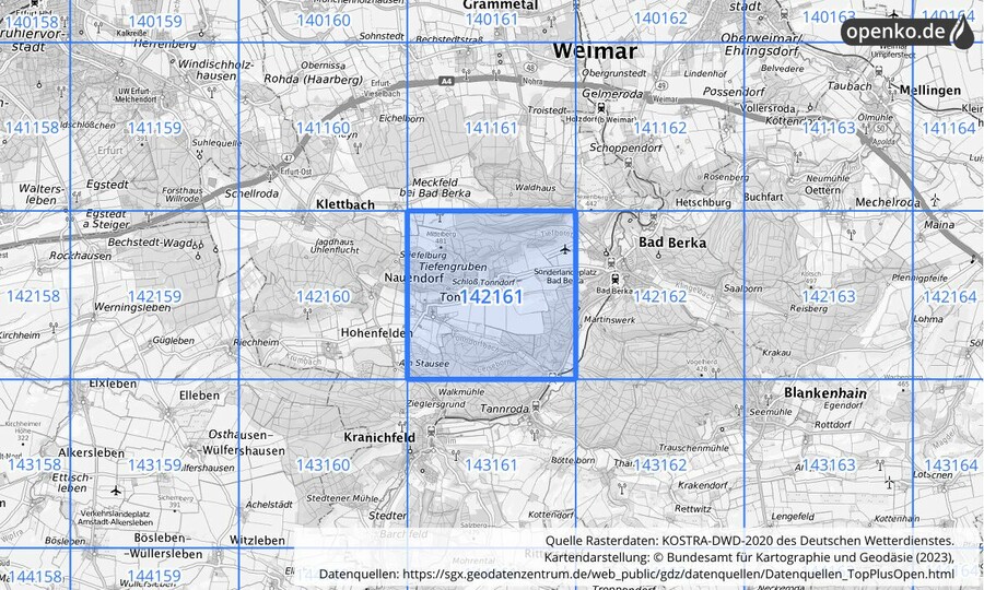Übersichtskarte des KOSTRA-DWD-2020-Rasterfeldes Nr. 142161