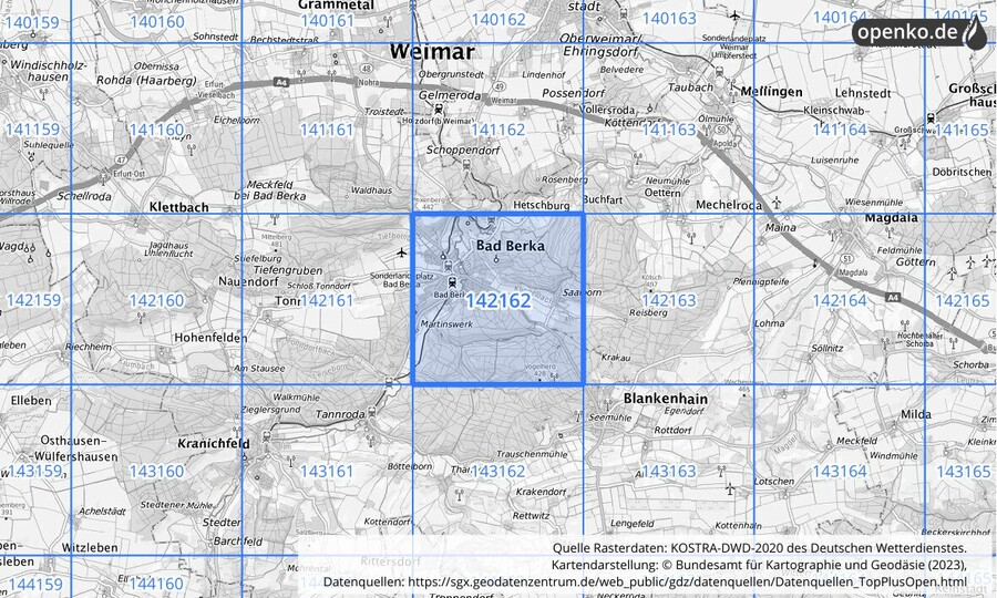 Übersichtskarte des KOSTRA-DWD-2020-Rasterfeldes Nr. 142162