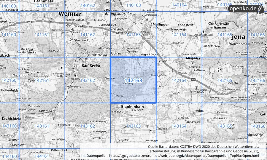 Übersichtskarte des KOSTRA-DWD-2020-Rasterfeldes Nr. 142163