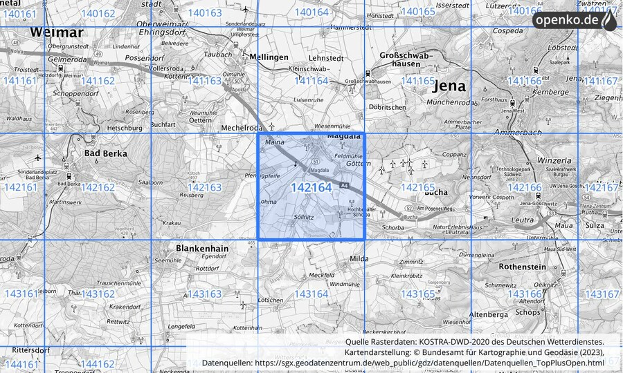 Übersichtskarte des KOSTRA-DWD-2020-Rasterfeldes Nr. 142164