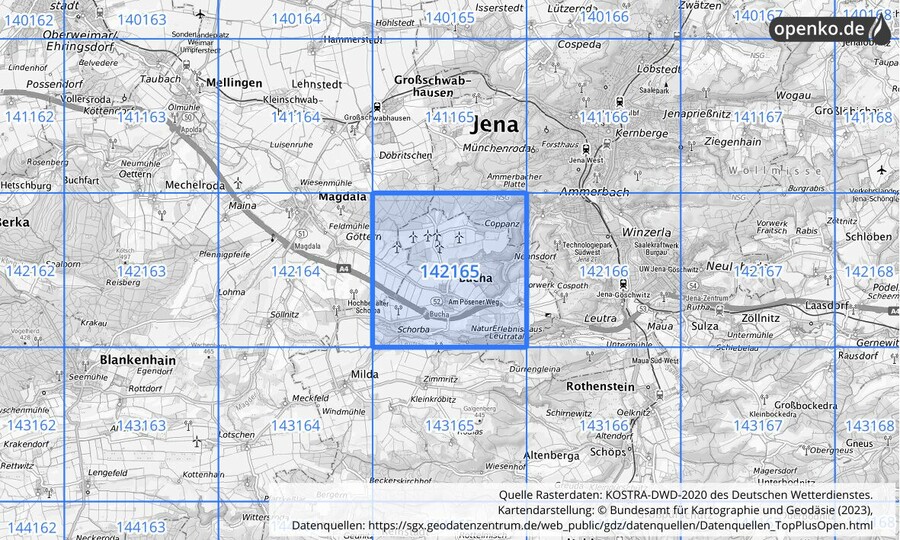 Übersichtskarte des KOSTRA-DWD-2020-Rasterfeldes Nr. 142165