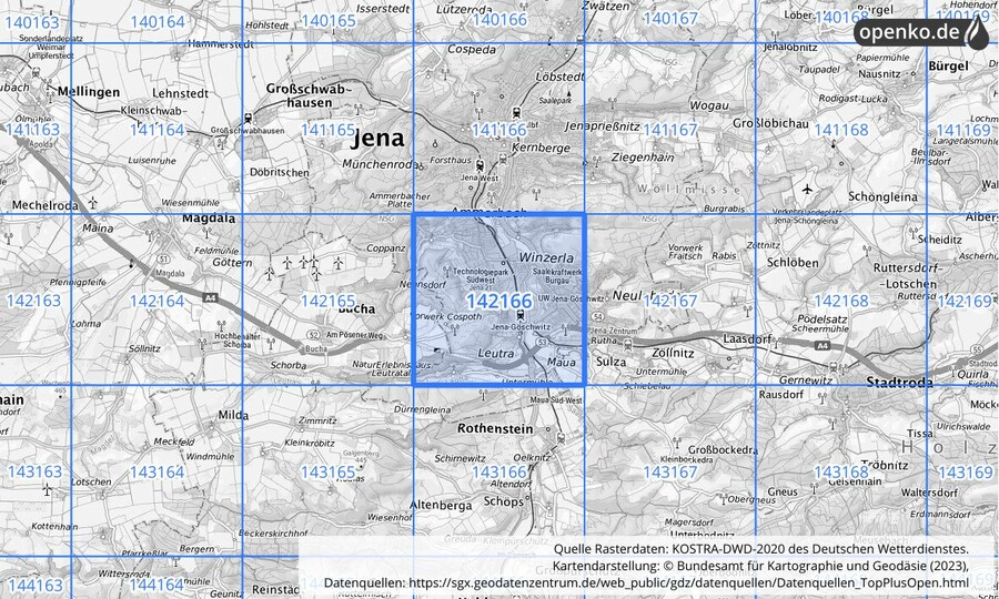 Übersichtskarte des KOSTRA-DWD-2020-Rasterfeldes Nr. 142166