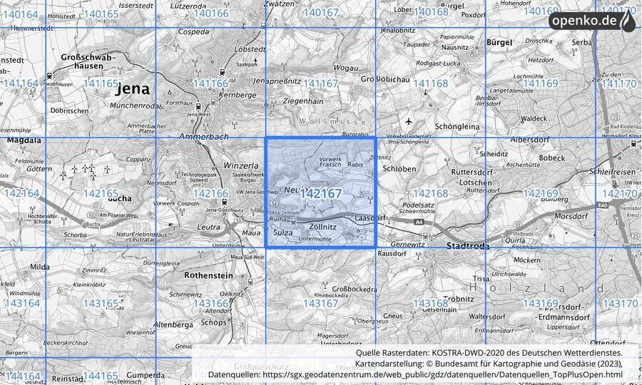 Übersichtskarte des KOSTRA-DWD-2020-Rasterfeldes Nr. 142167