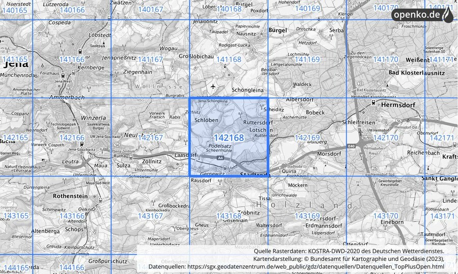 Übersichtskarte des KOSTRA-DWD-2020-Rasterfeldes Nr. 142168