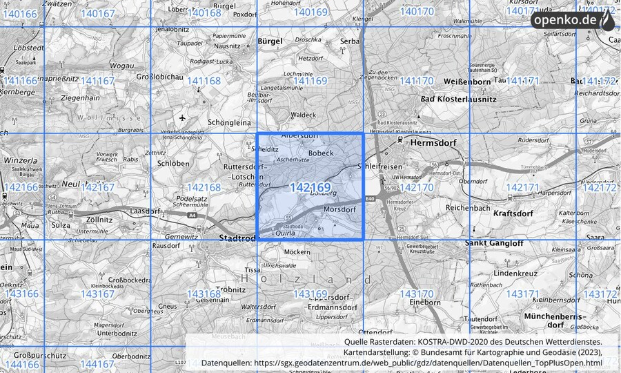 Übersichtskarte des KOSTRA-DWD-2020-Rasterfeldes Nr. 142169