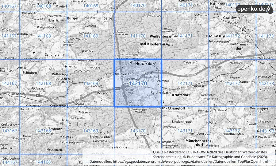 Übersichtskarte des KOSTRA-DWD-2020-Rasterfeldes Nr. 142170