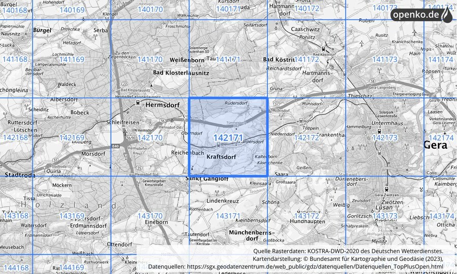 Übersichtskarte des KOSTRA-DWD-2020-Rasterfeldes Nr. 142171