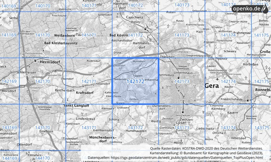 Übersichtskarte des KOSTRA-DWD-2020-Rasterfeldes Nr. 142172