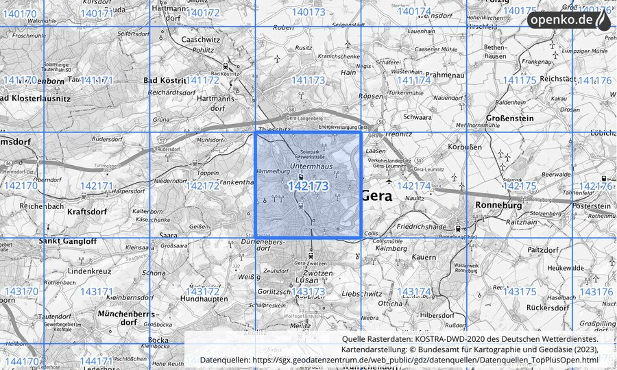 Übersichtskarte des KOSTRA-DWD-2020-Rasterfeldes Nr. 142173