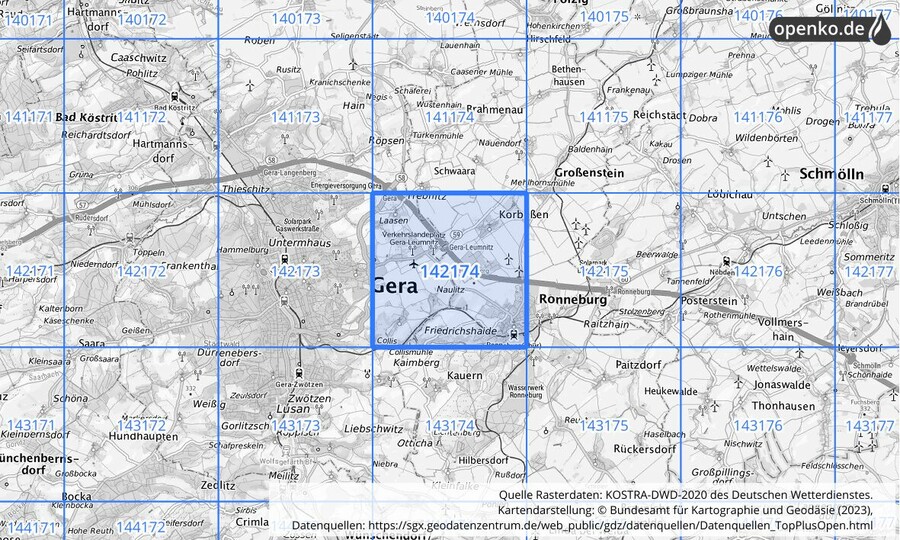 Übersichtskarte des KOSTRA-DWD-2020-Rasterfeldes Nr. 142174