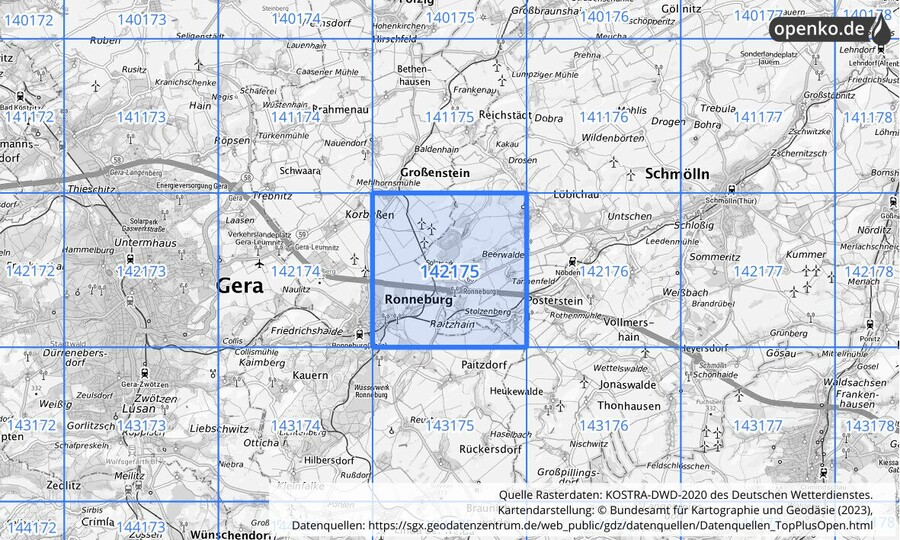Übersichtskarte des KOSTRA-DWD-2020-Rasterfeldes Nr. 142175
