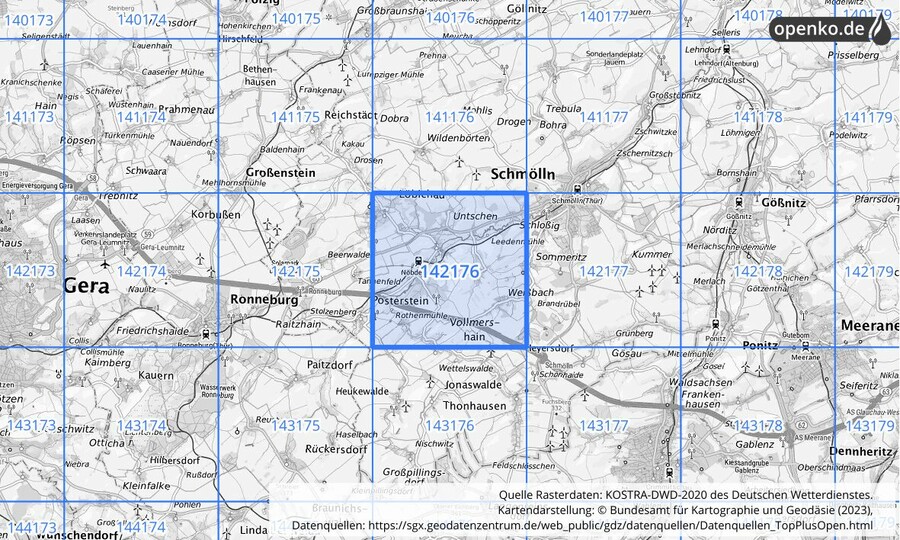 Übersichtskarte des KOSTRA-DWD-2020-Rasterfeldes Nr. 142176