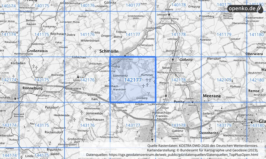 Übersichtskarte des KOSTRA-DWD-2020-Rasterfeldes Nr. 142177