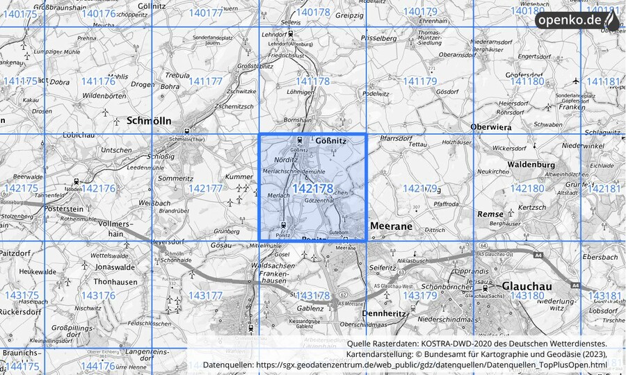 Übersichtskarte des KOSTRA-DWD-2020-Rasterfeldes Nr. 142178