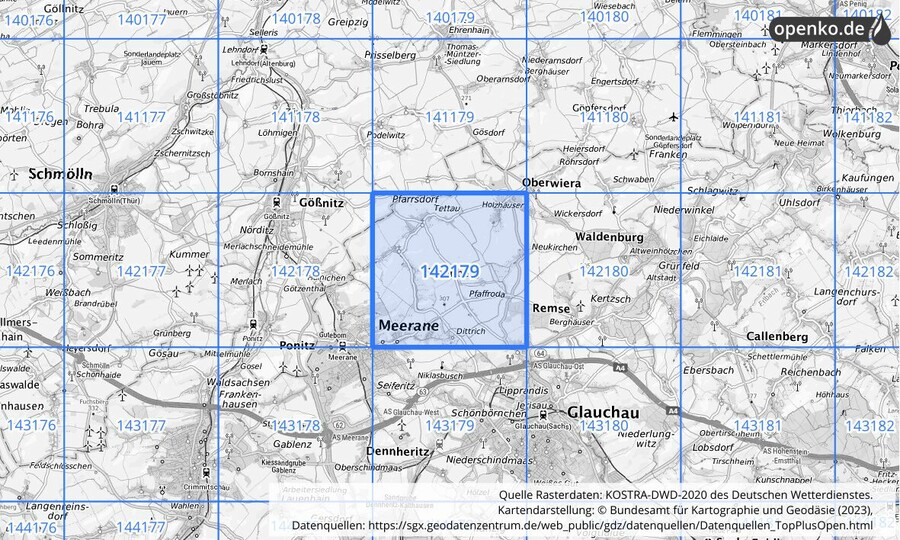 Übersichtskarte des KOSTRA-DWD-2020-Rasterfeldes Nr. 142179