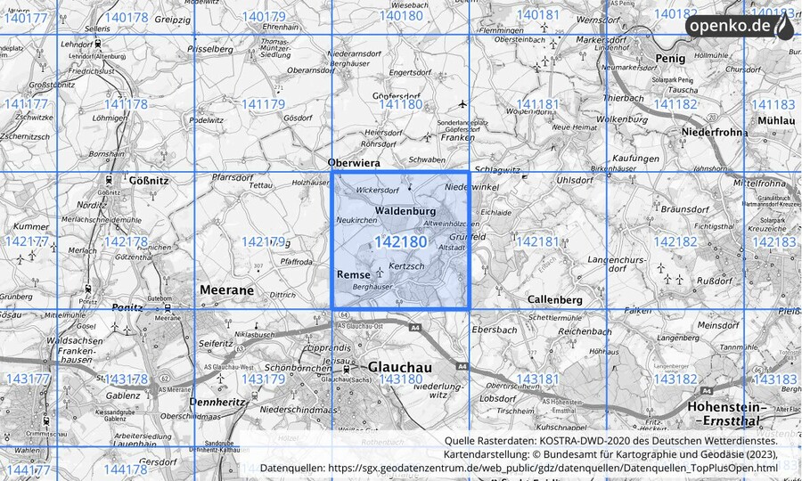 Übersichtskarte des KOSTRA-DWD-2020-Rasterfeldes Nr. 142180