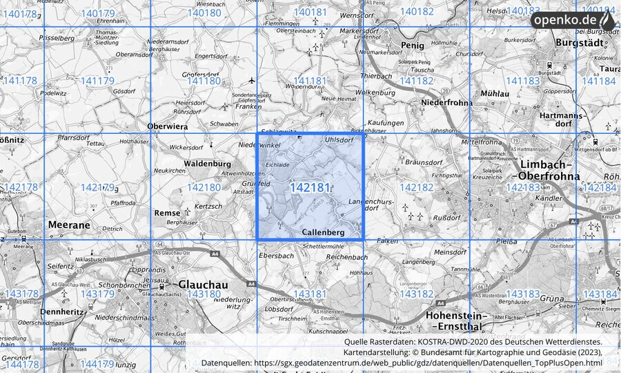 Übersichtskarte des KOSTRA-DWD-2020-Rasterfeldes Nr. 142181