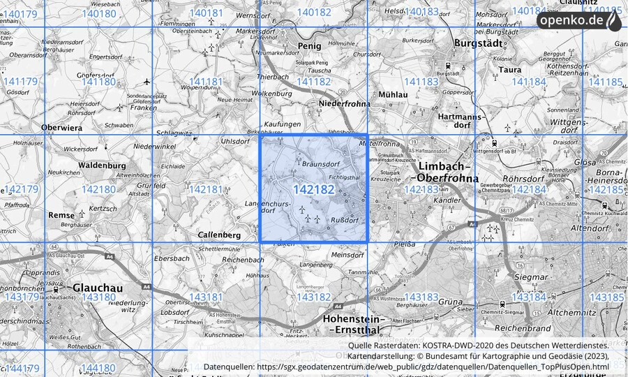 Übersichtskarte des KOSTRA-DWD-2020-Rasterfeldes Nr. 142182