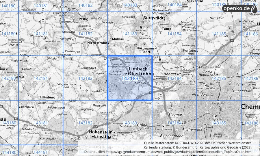 Übersichtskarte des KOSTRA-DWD-2020-Rasterfeldes Nr. 142183