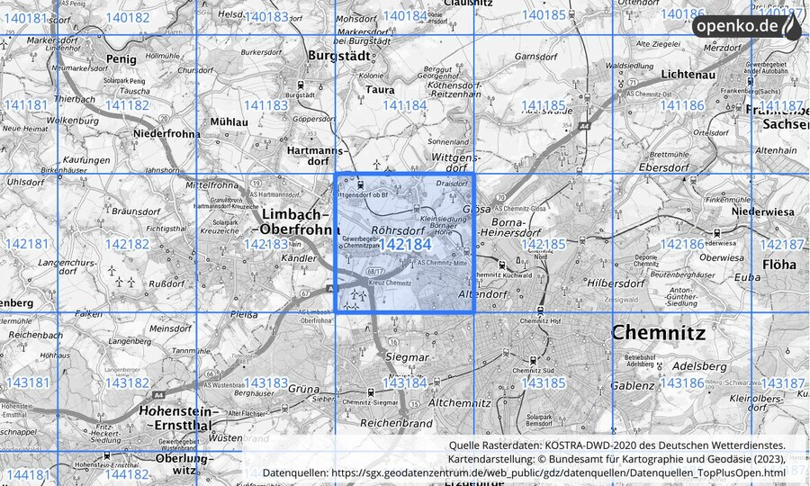 Übersichtskarte des KOSTRA-DWD-2020-Rasterfeldes Nr. 142184