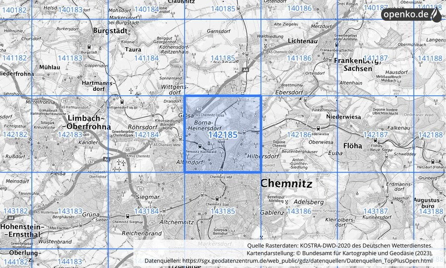 Übersichtskarte des KOSTRA-DWD-2020-Rasterfeldes Nr. 142185