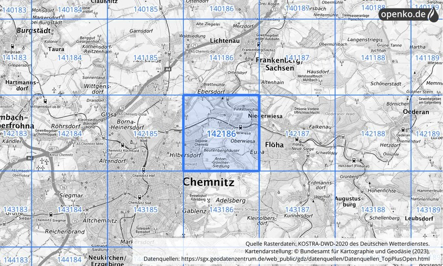 Übersichtskarte des KOSTRA-DWD-2020-Rasterfeldes Nr. 142186