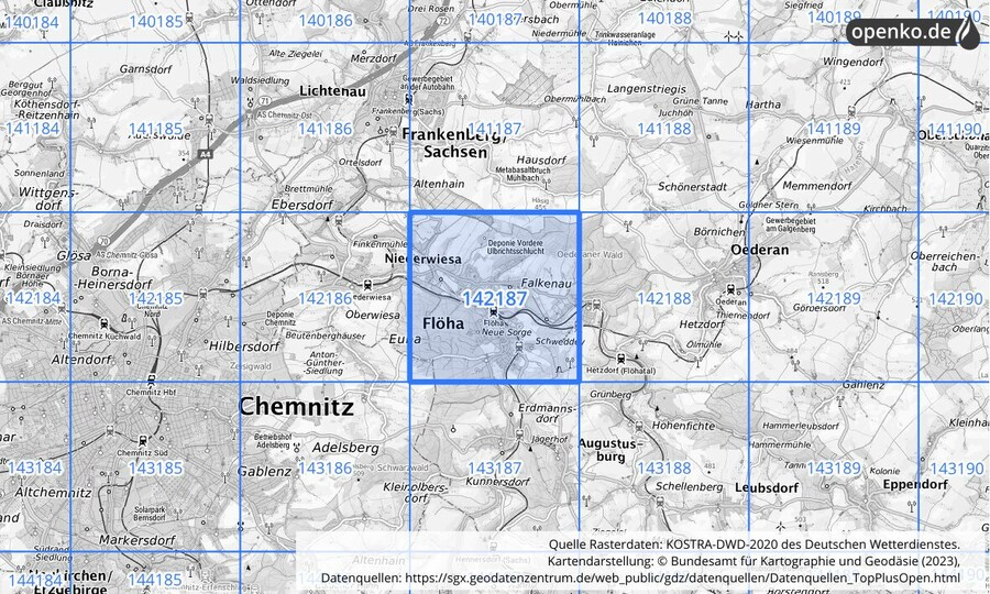 Übersichtskarte des KOSTRA-DWD-2020-Rasterfeldes Nr. 142187