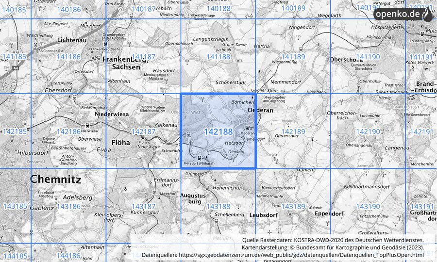 Übersichtskarte des KOSTRA-DWD-2020-Rasterfeldes Nr. 142188