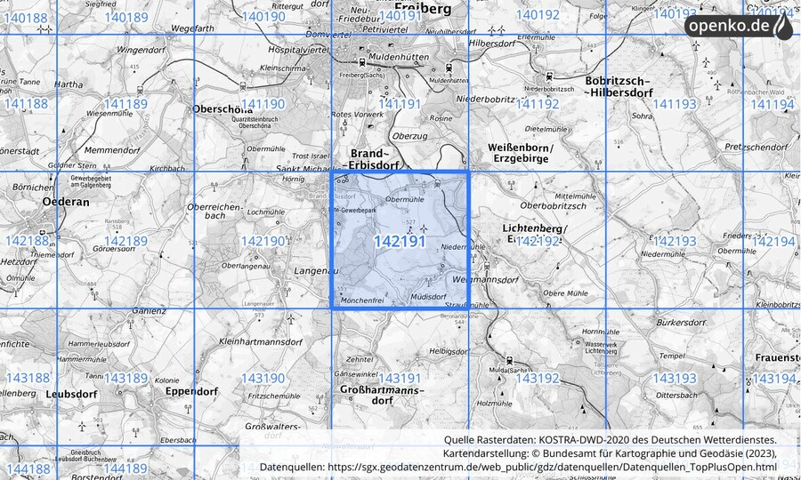 Übersichtskarte des KOSTRA-DWD-2020-Rasterfeldes Nr. 142191