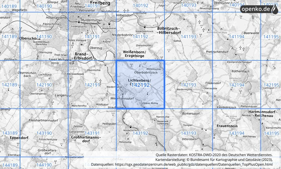 Übersichtskarte des KOSTRA-DWD-2020-Rasterfeldes Nr. 142192