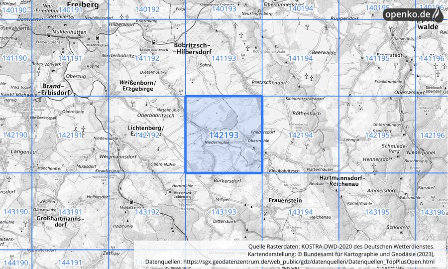 Übersichtskarte des KOSTRA-DWD-2020-Rasterfeldes Nr. 142193