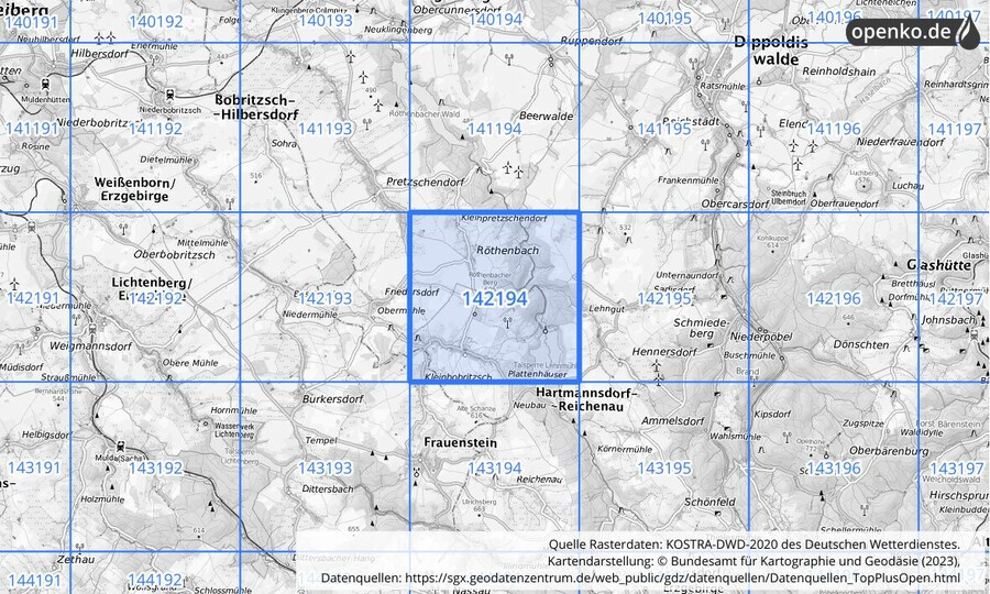 Übersichtskarte des KOSTRA-DWD-2020-Rasterfeldes Nr. 142194